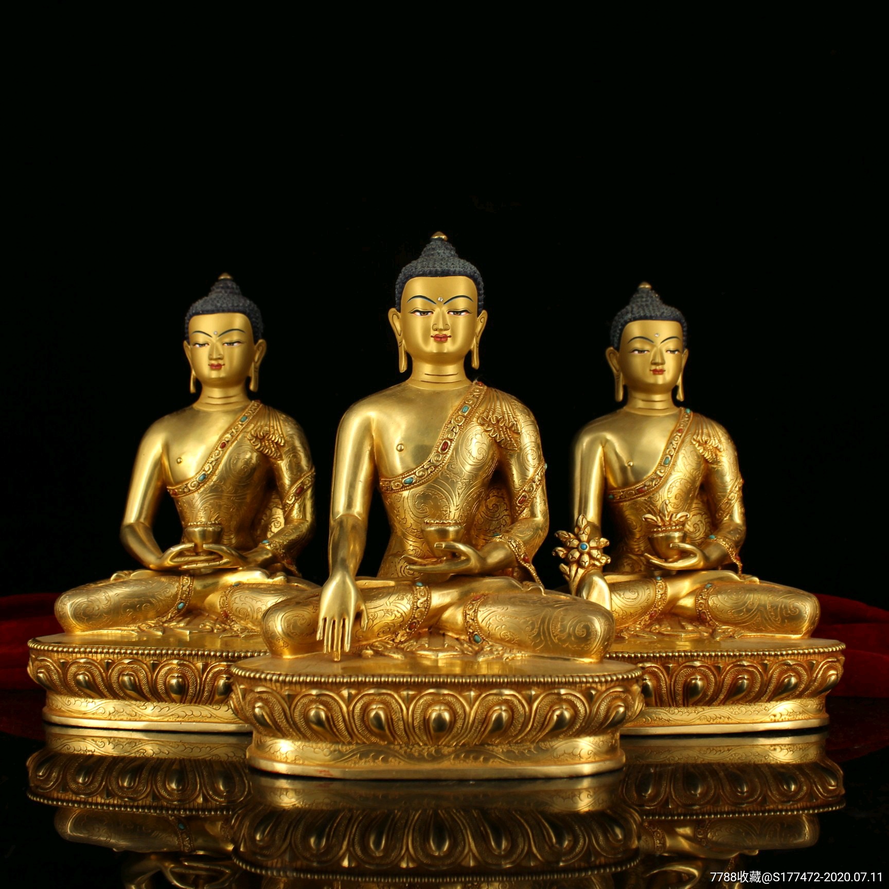 尼泊尔顶级大师打造镶嵌宝石紫铜全鎏真金三宝佛一套,佛像/造像_第1张