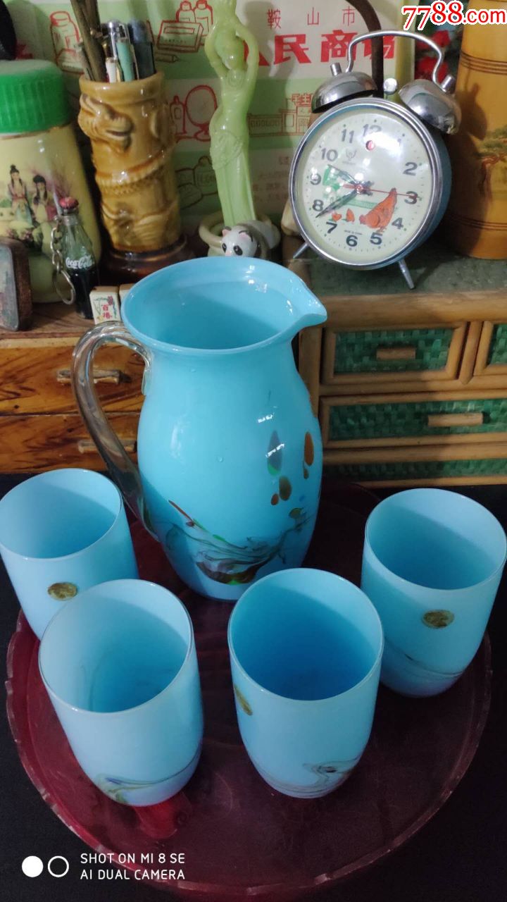 上世纪70-80年代玻璃杯凉水壶带塑料盘一套合售民俗老物品.