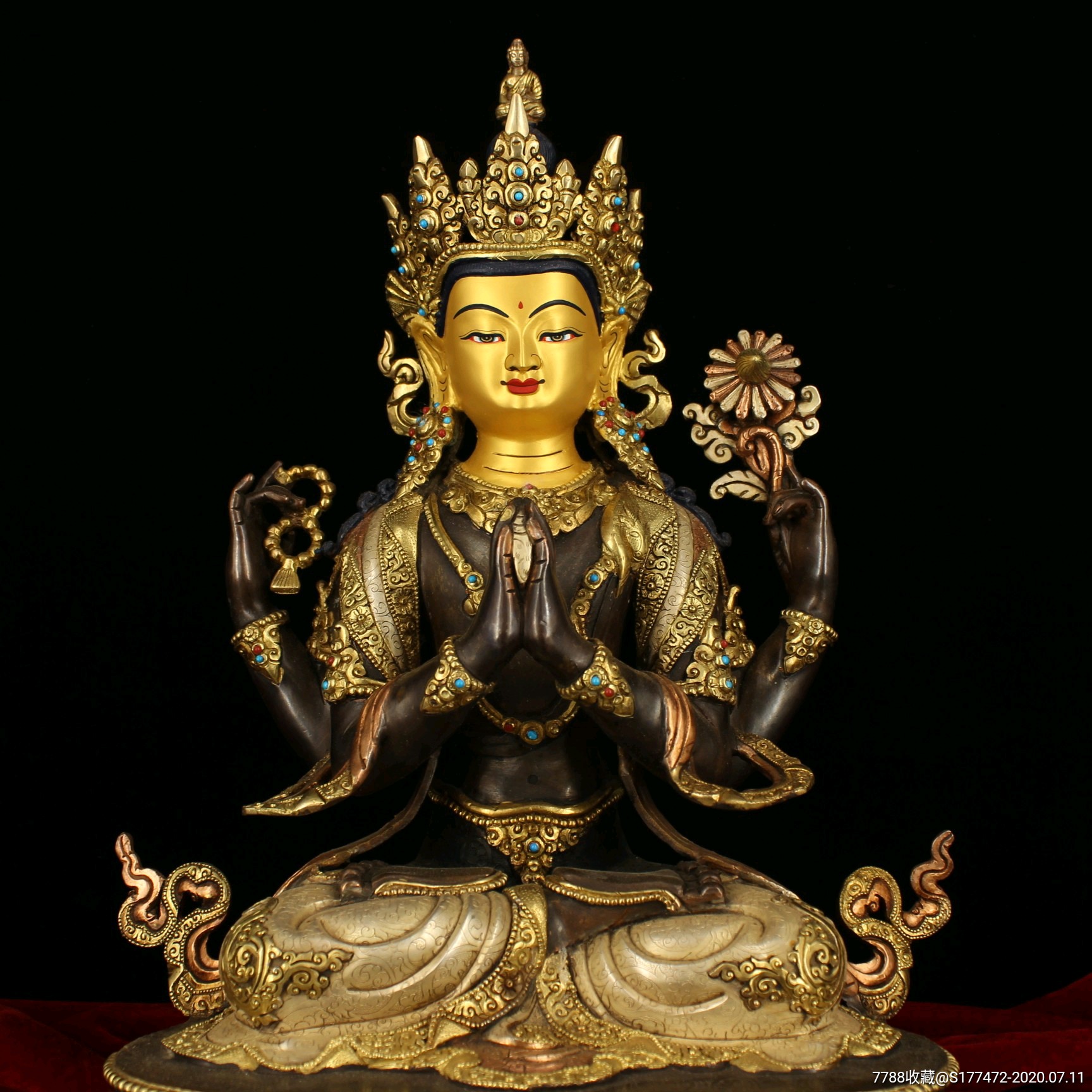 尼泊尔顶级大师打造镶嵌宝石紫铜全鎏真金白度母一尊