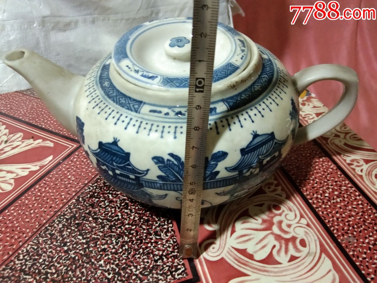文革瓷器老厂货瓷景德镇人民瓷厂青花楼阁柿果壶茶壶