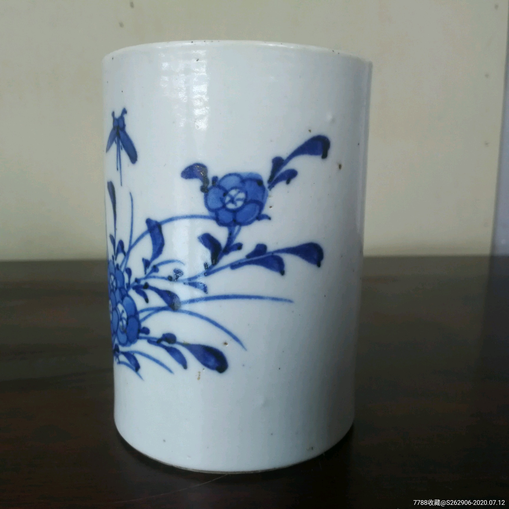 瓷笔筒青花花卉笔筒古玩晚清民国老瓷器文房用品