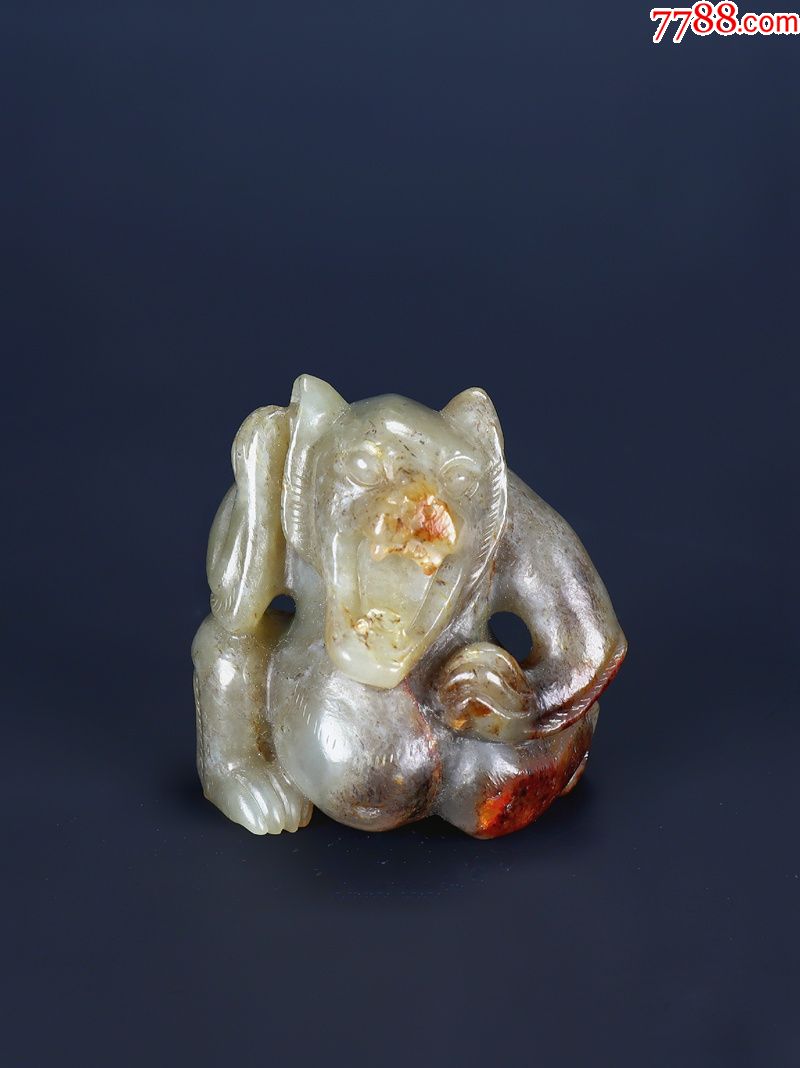旧藏老和田玉青白籽料圆雕镂雕玉熊汉熊挂件把件古玉老玉收藏古玩