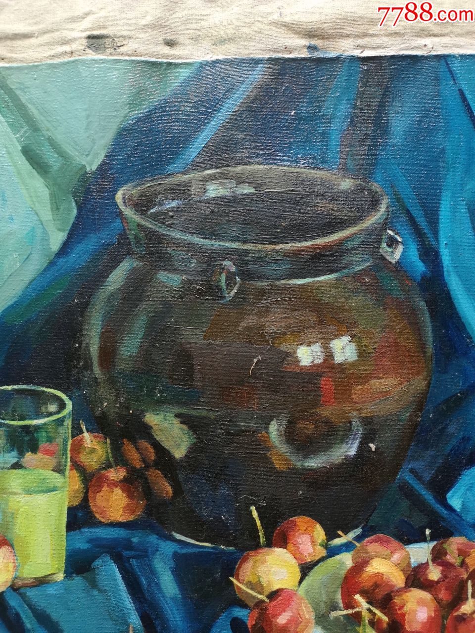刀笔手绘布面油画静物陶罐水果和杯子
