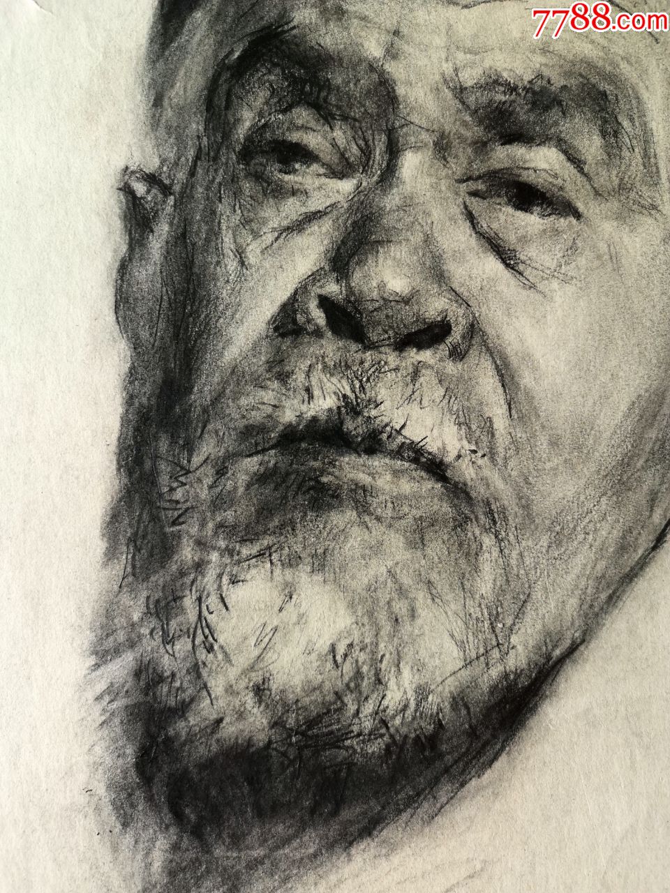80年代高水准木炭条手绘人物肖像素描原作《新疆老人肖像》-素描/速写