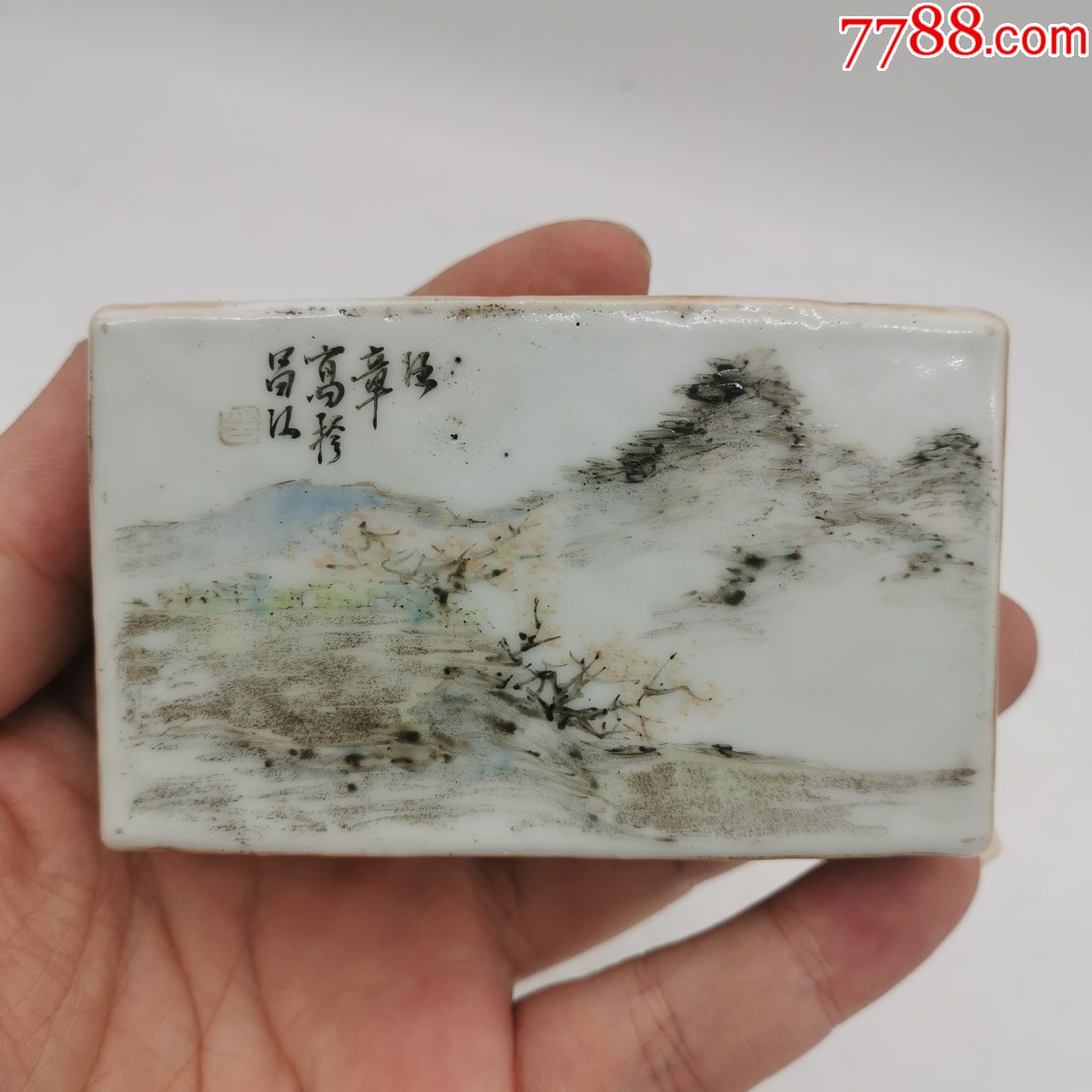 清代名家汪章浅绛彩山水瓷镇纸文房四宝瓷器镇尺压尺纸镇古玩收藏