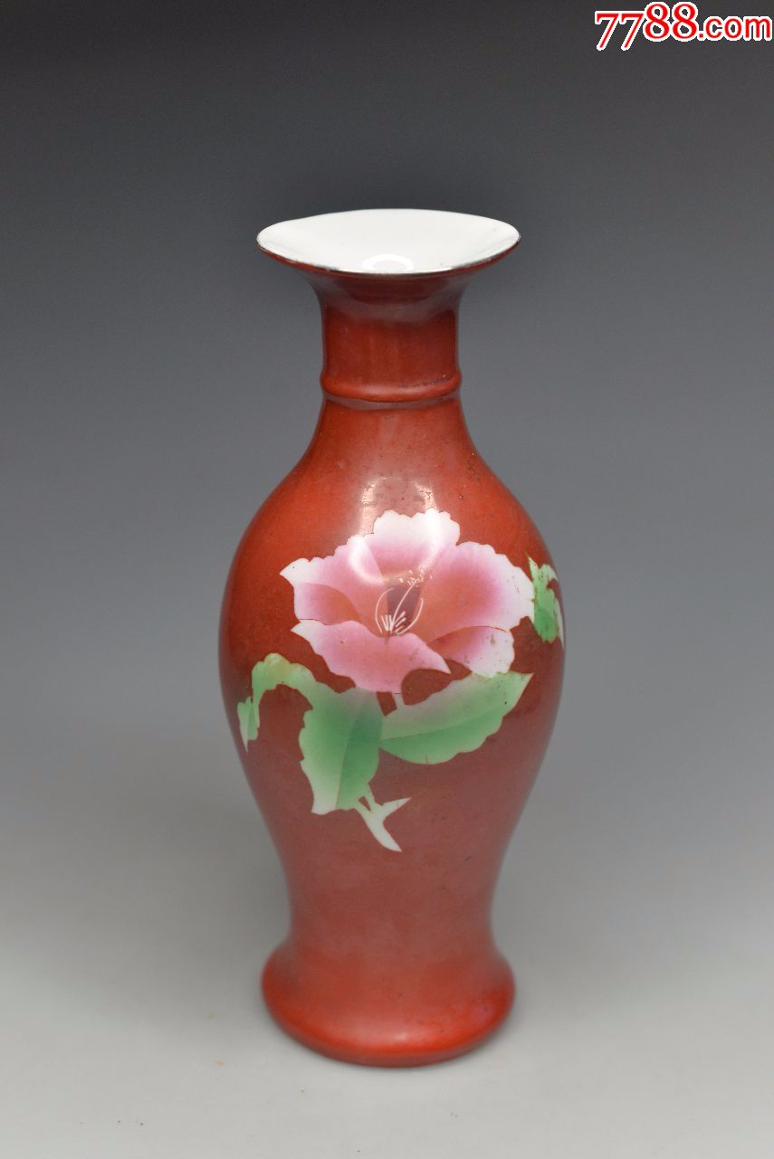 文革景德镇厂货陶瓷花瓶吹釉喷釉手绘粉彩红色收藏红釉观音瓶瓷器