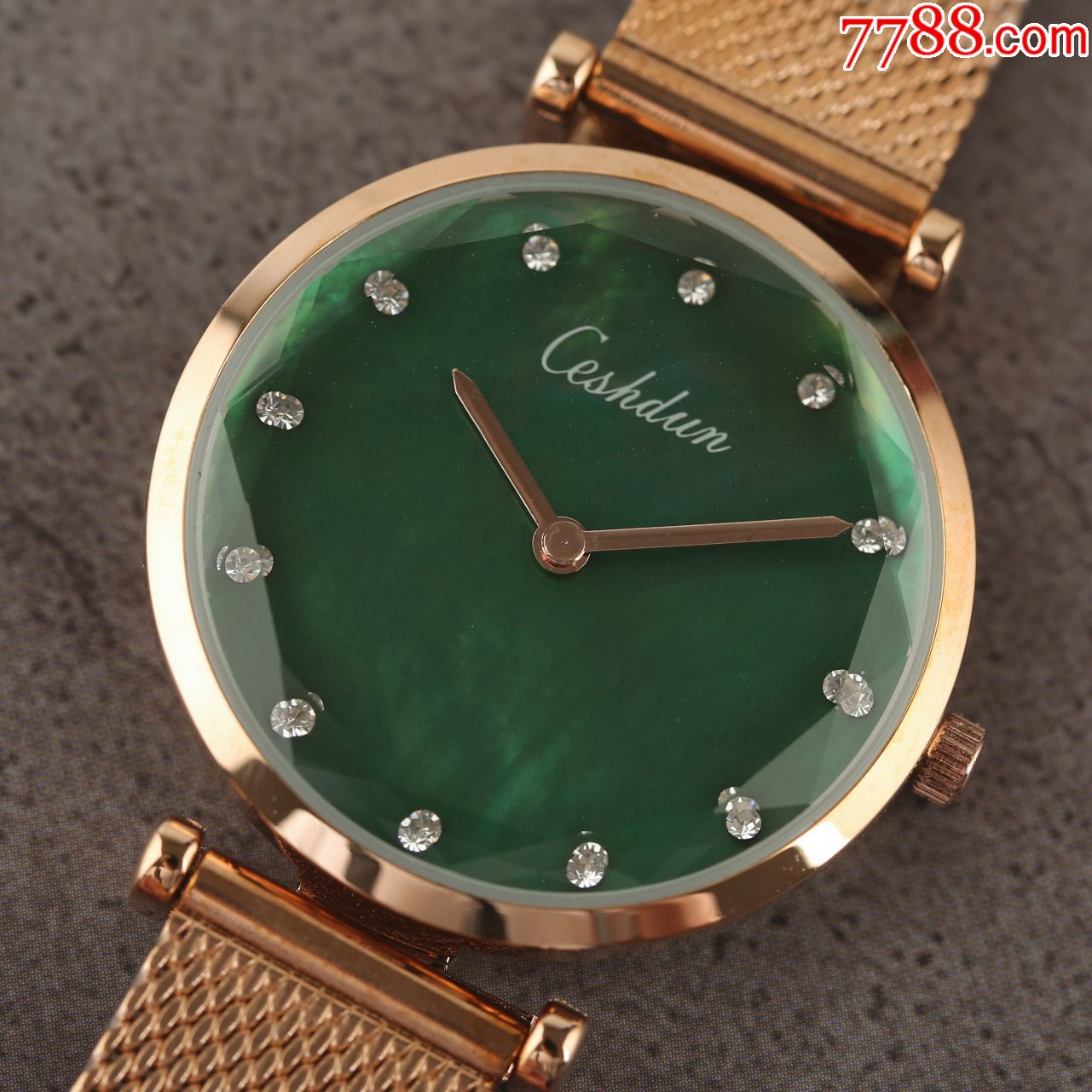 潮流品牌希仕顿女表网红潮款七彩翡翠玫瑰色镀金库存未使用