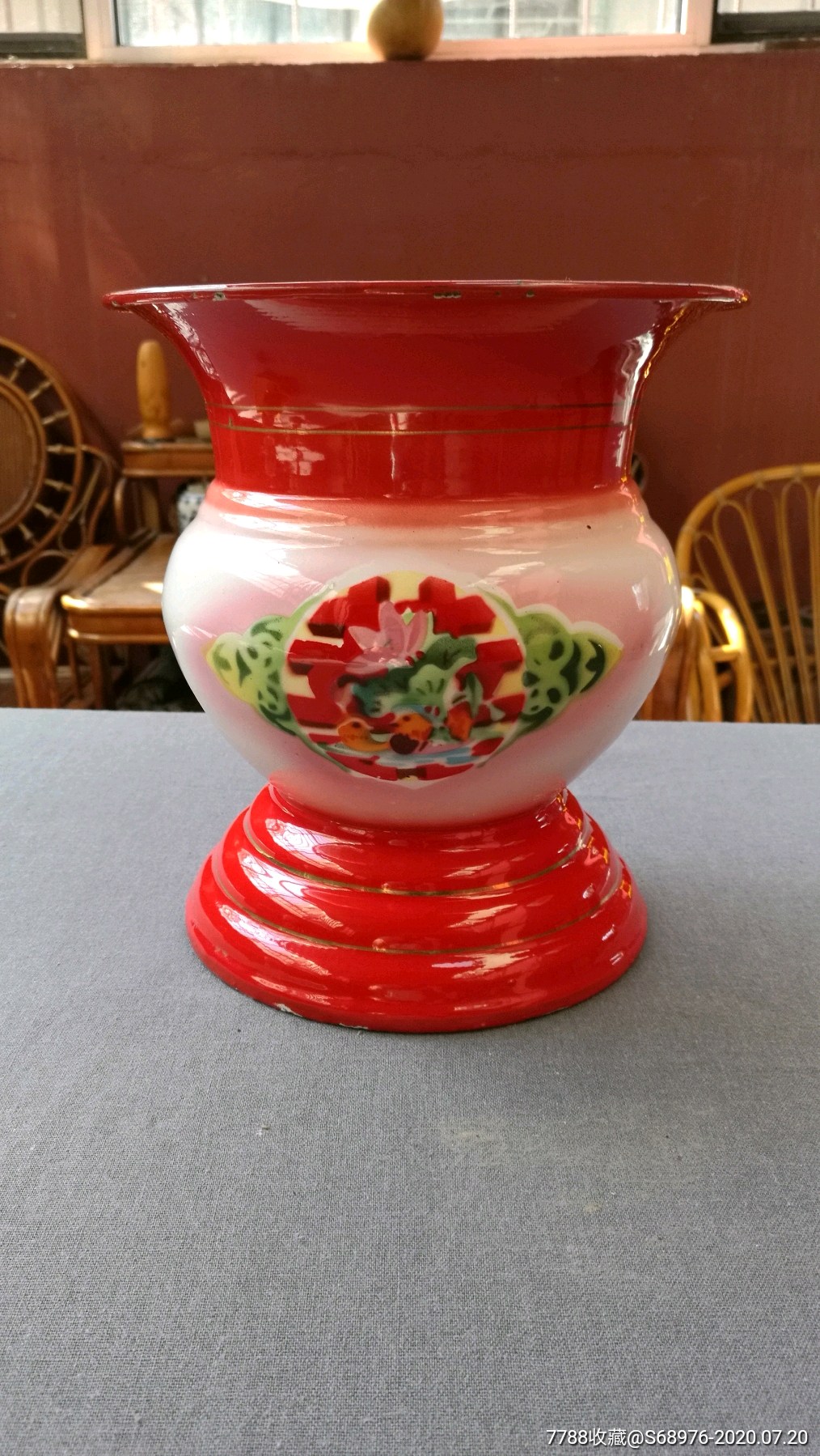 老搪瓷桶,老痰盂,全新未用,年代戏影视道具,怀旧摆设,花色漂亮少见