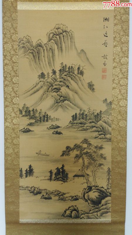 日本回流字画近代绢本老画中国画传统山水画卢竟翁款好品立轴1021