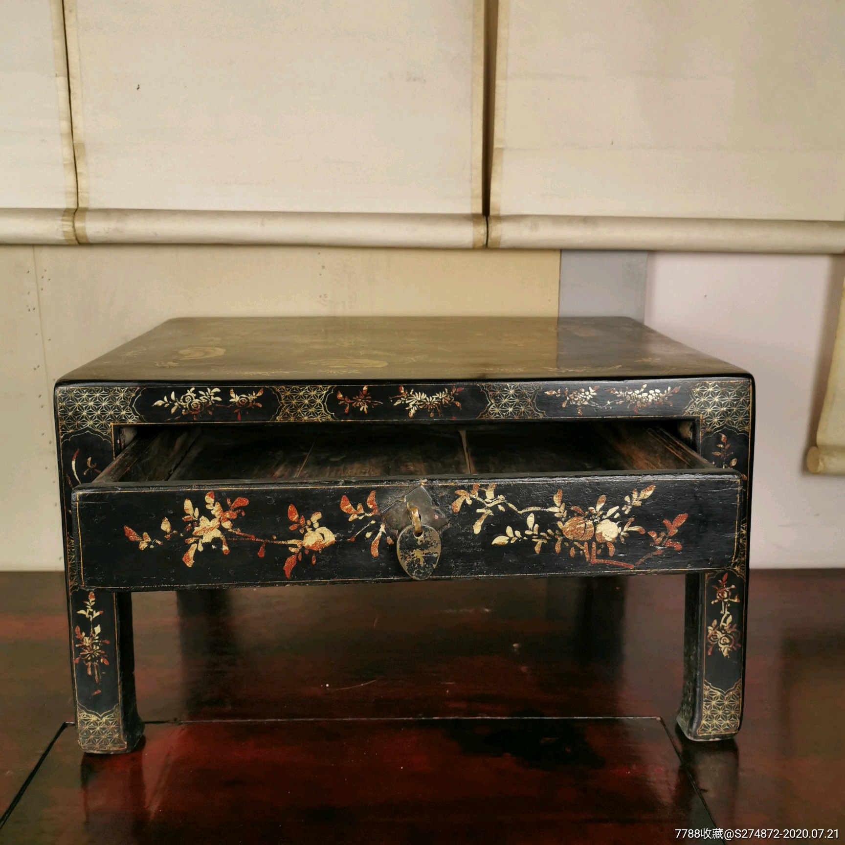 精美大漆描金木质方桌古玩漆器桌子民俗老物件收藏送老外礼品