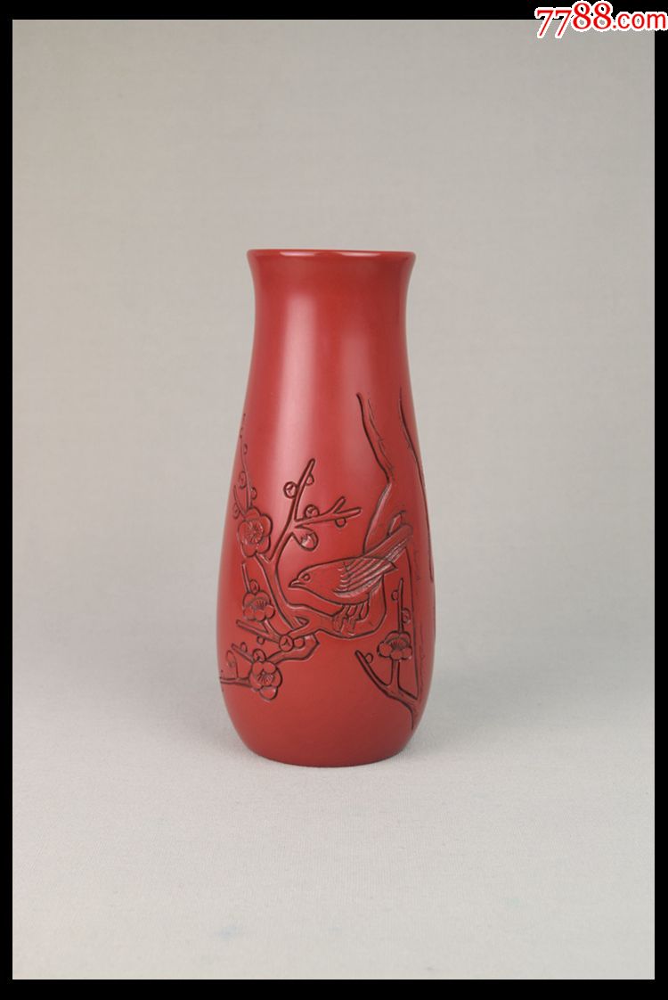 日本漆器村上堆朱泉山作花鸟纹喜鹊登梅花瓶赏瓶雕刻细腻书房装饰