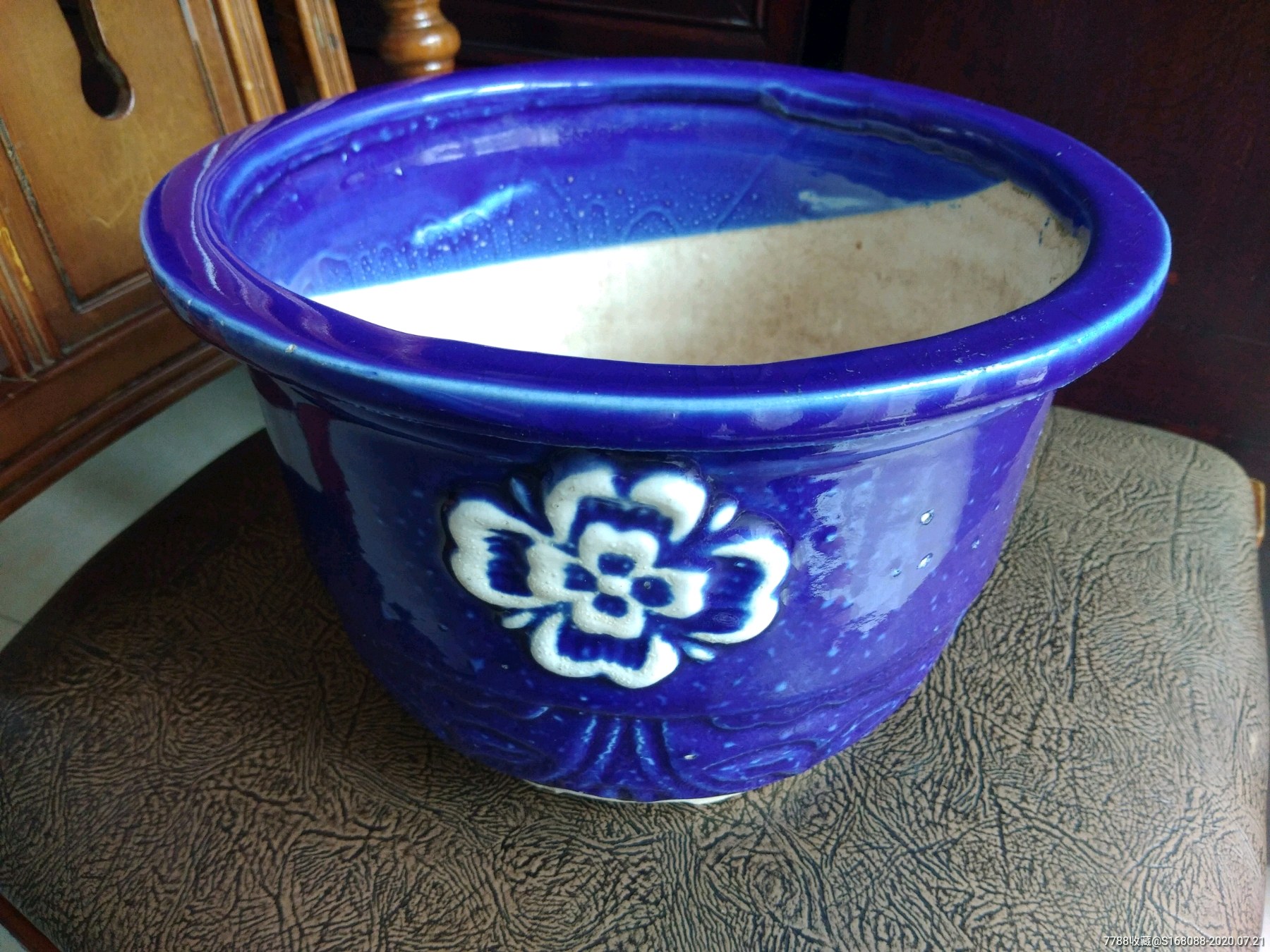 文革七八十年代手绘彩石湾蓝釉老花盆老瓷器老物件早期70年代80年代
