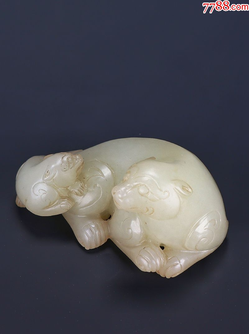 清和田玉白玉圆雕双獾玉獾挂件把件书镇欢欢喜喜古玉老玉收藏