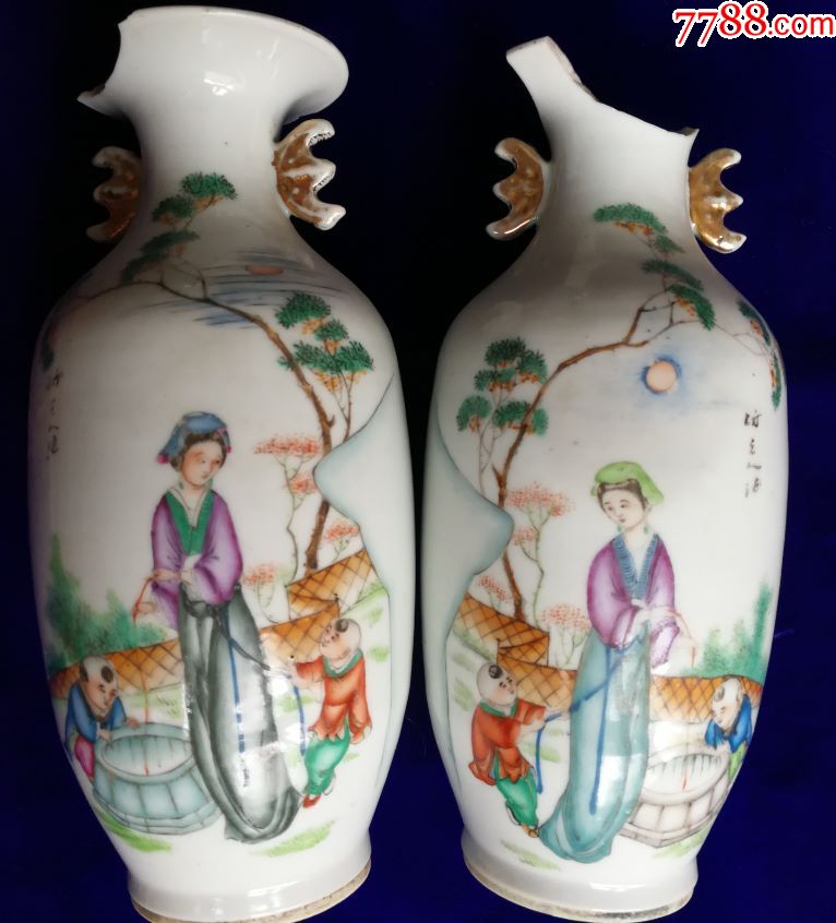 特价民国精品名家竹里馆出品人物母子提水图五彩花瓶一对包老瓷器收藏