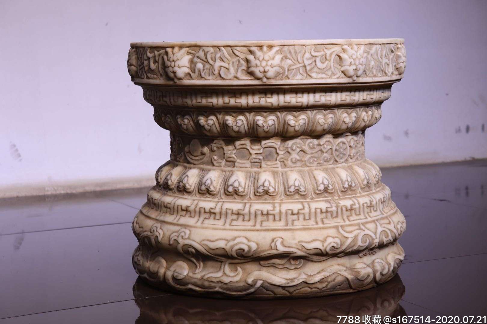 马云同款须弥座石桌汉白玉高46直径55公分造型大气雕刻缠枝莲