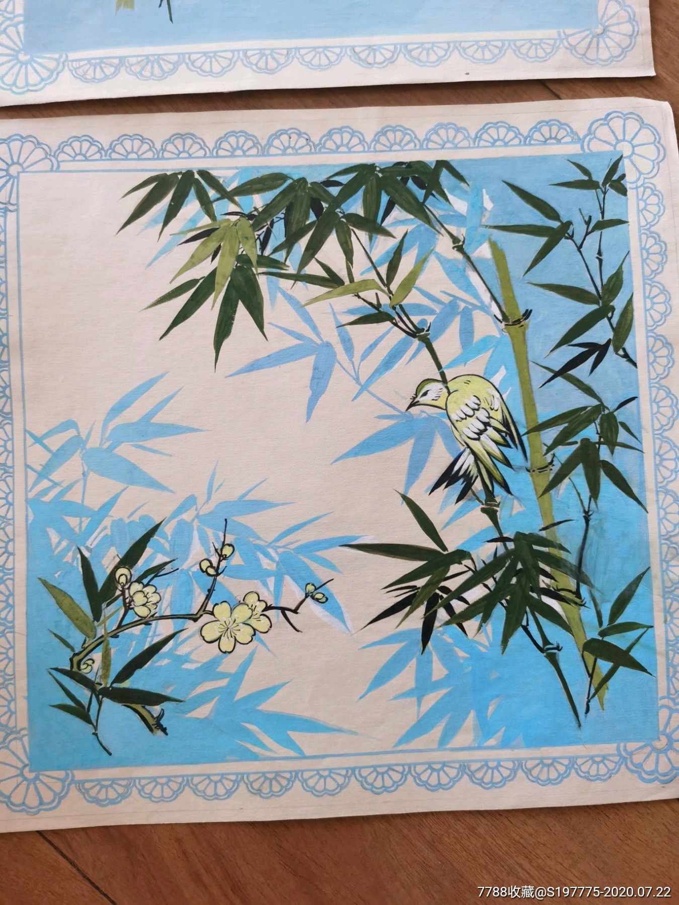 早期老手绢绘画设计原稿竹子彩色画稿一对