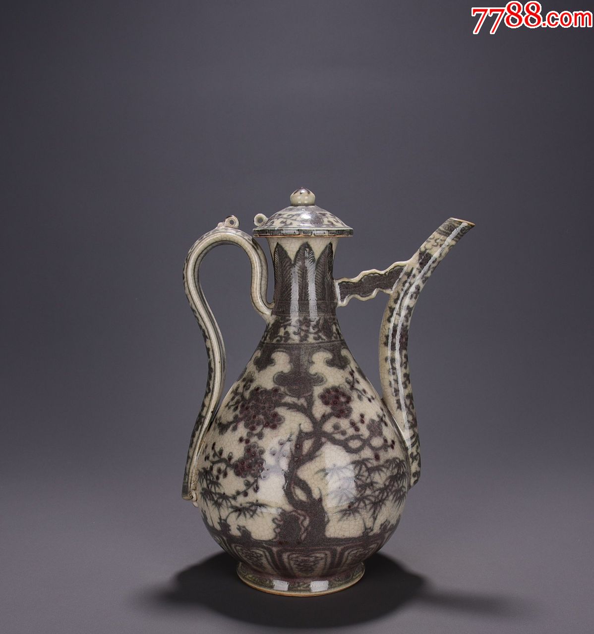 柴窑釉里红松竹梅纹执壶