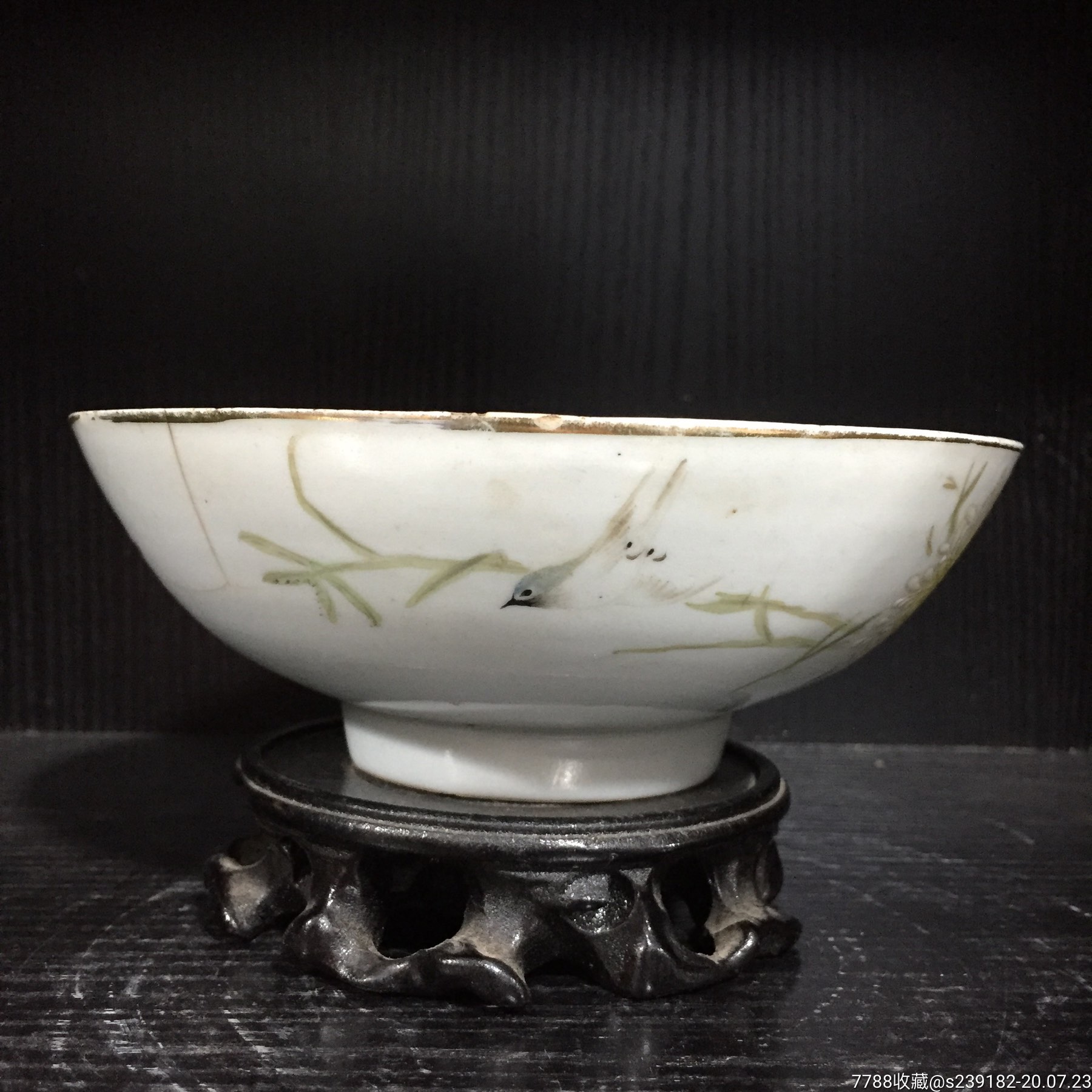 仙槎浅降彩花鸟纹碗底款江西映霞轩品名家仙槎