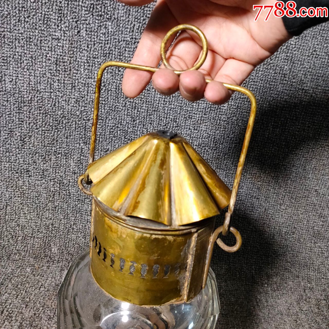 古董铜器多棱百花筒手提煤油灯老式民俗收藏摆件可改电灯