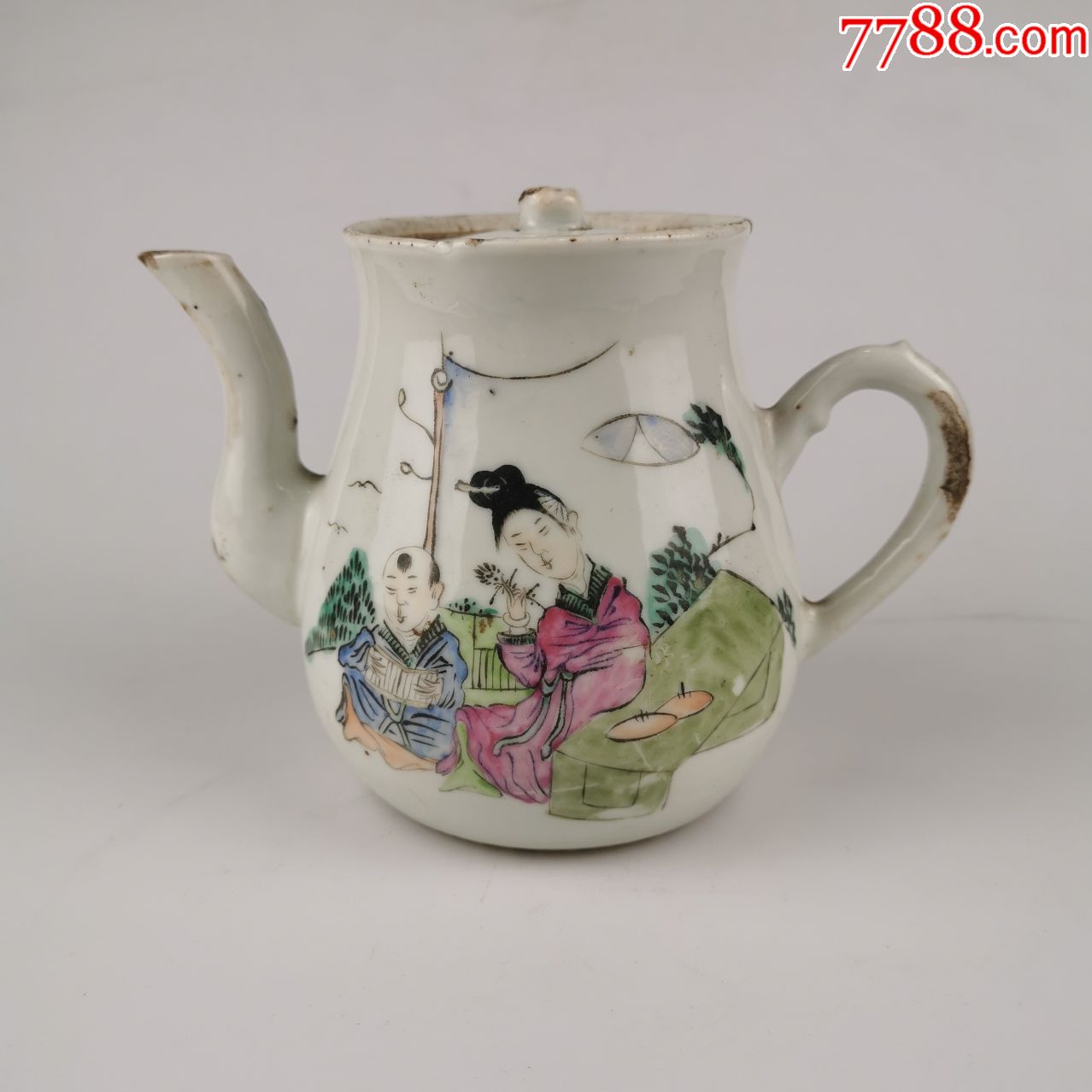 民国瓷茶壶粉彩三娘教子图老瓷壶古月轩造款