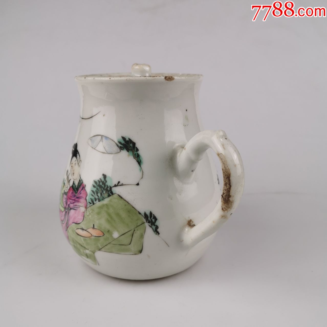 民国瓷茶壶粉彩三娘教子图老瓷壶古月轩造款