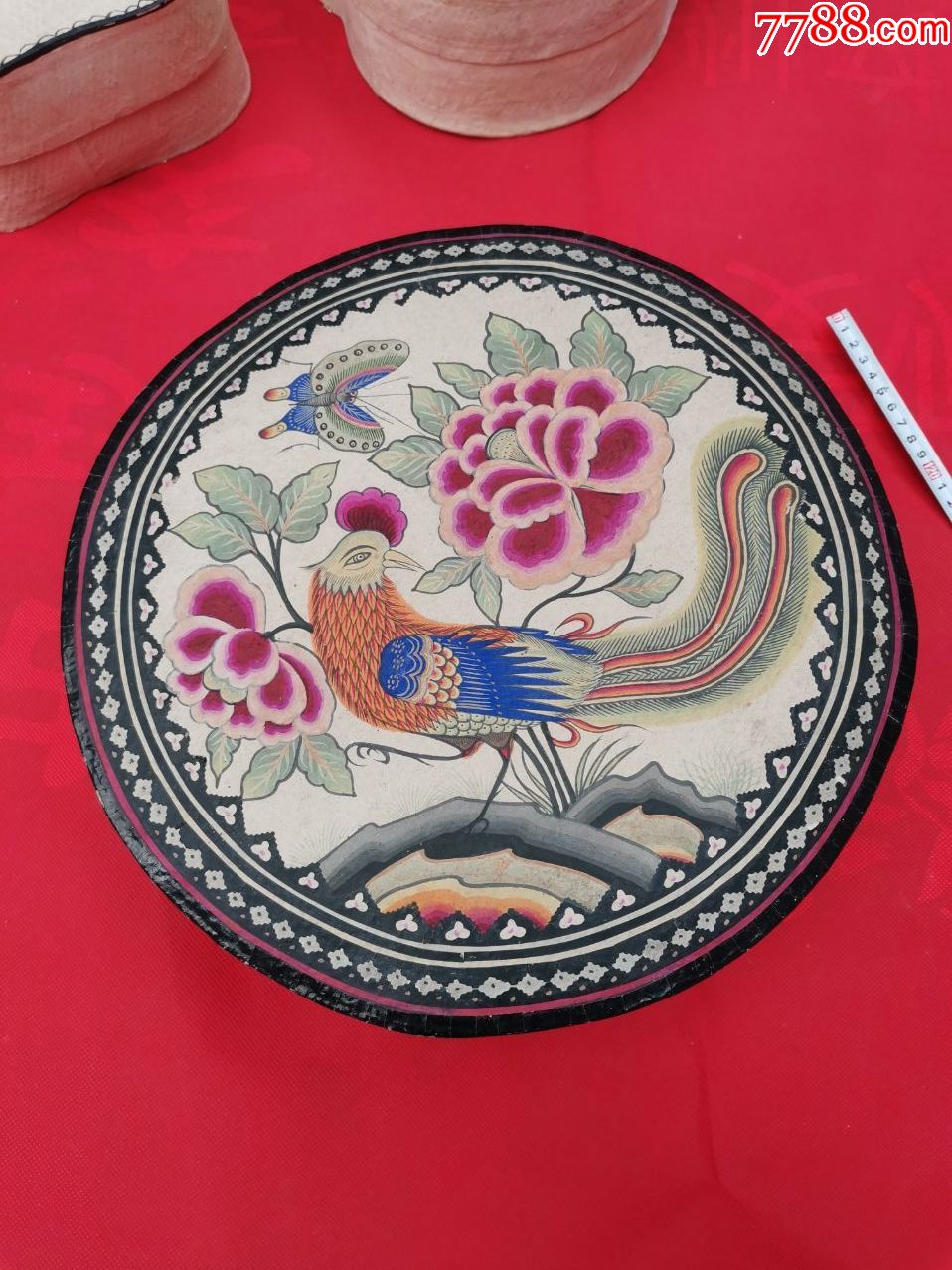 晚清民国手绘凤凰戏牡丹图案纸盒保存品相一流直径3112