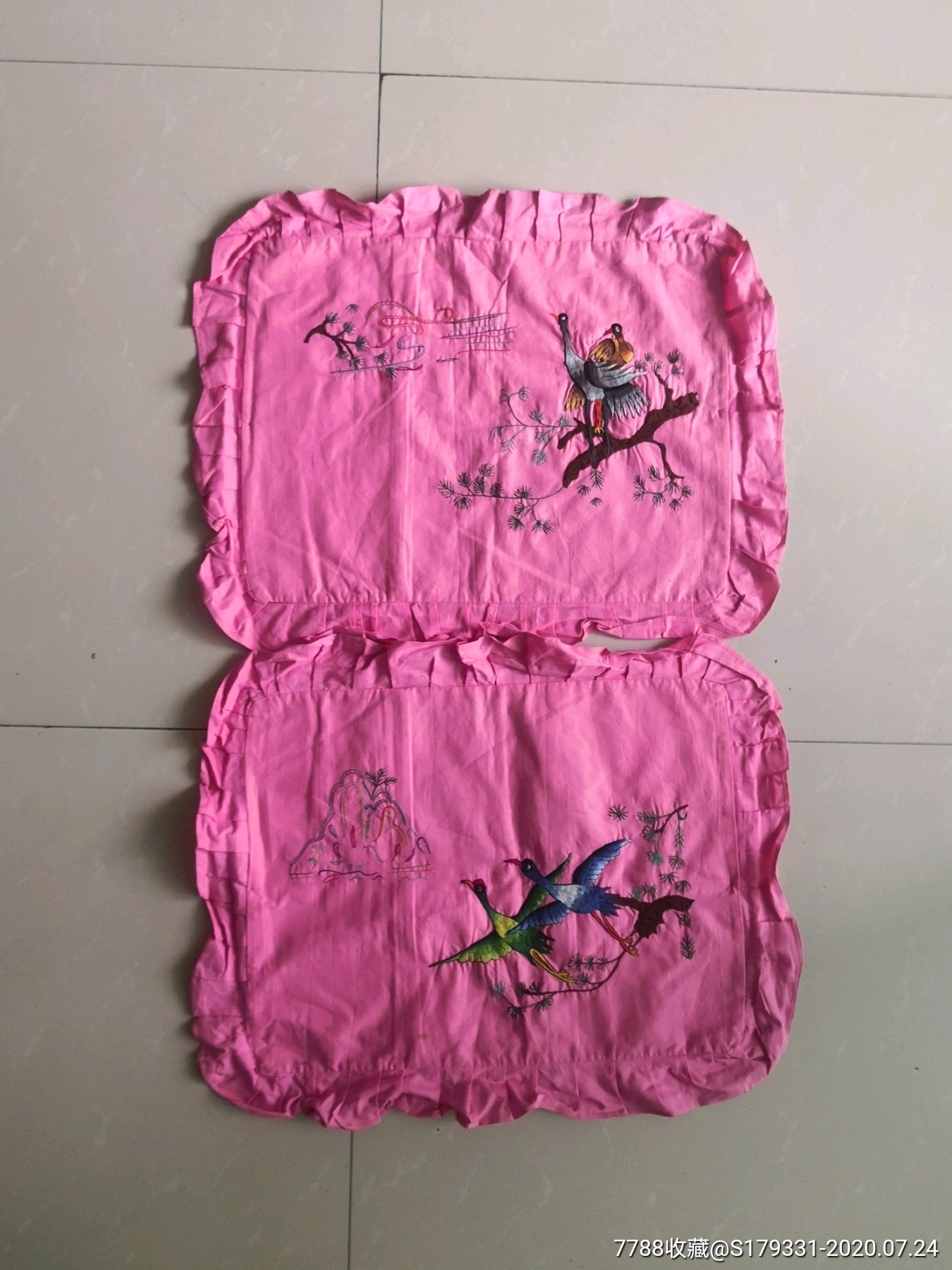 70年代左右手工刺绣枕头套一对包老