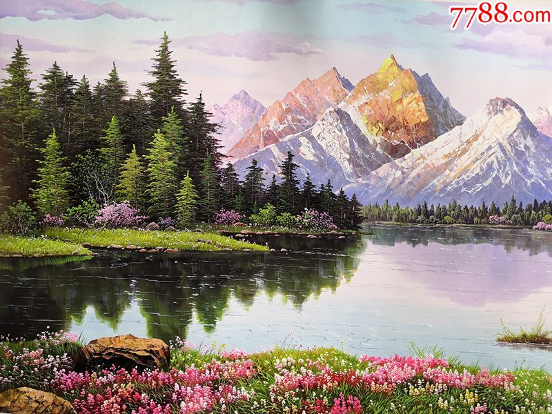 朝鲜功勋画家尹洪哲大幅风景油画雪山脚下