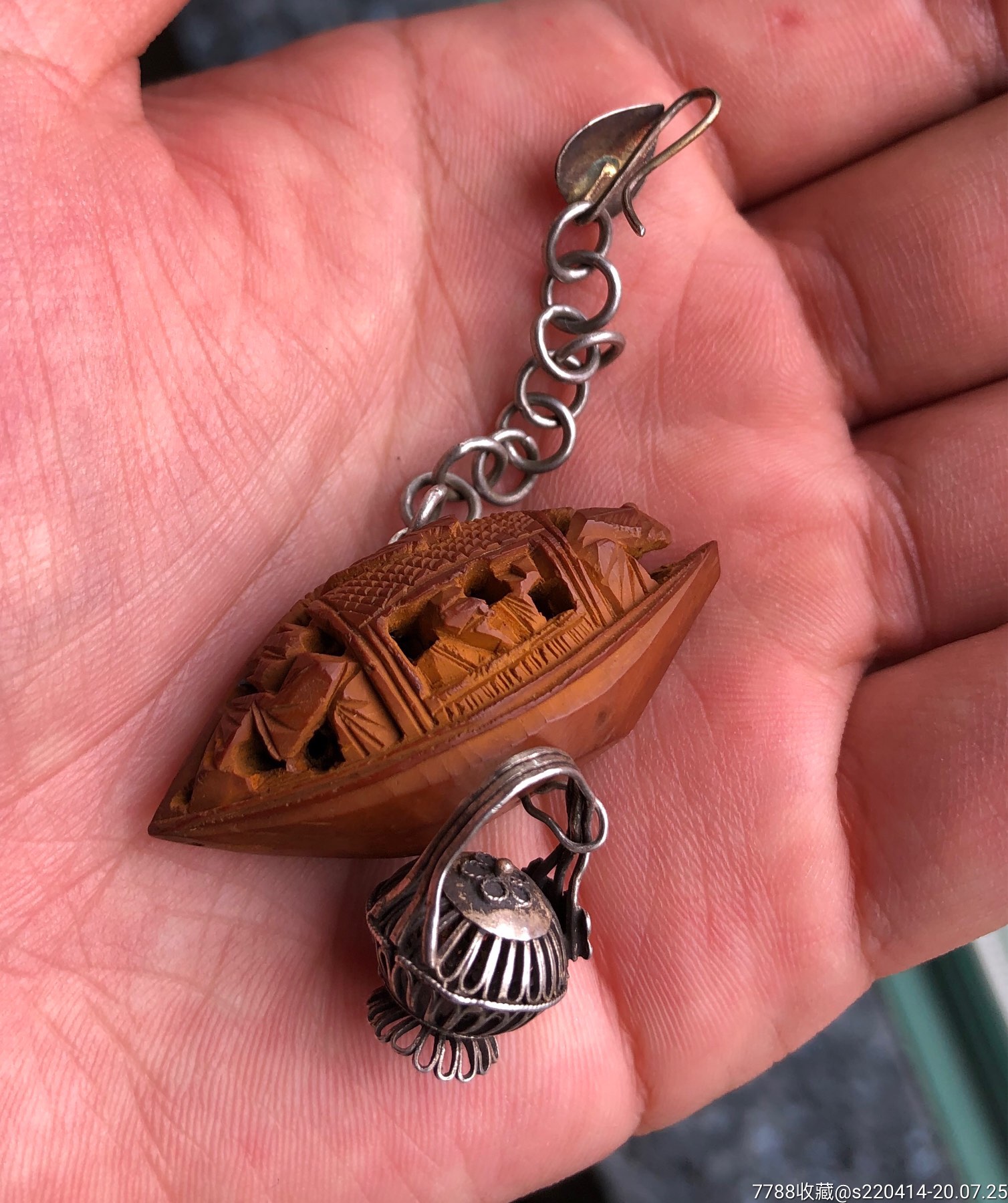 民国闽工,核舟记核雕,老银压襟挂件