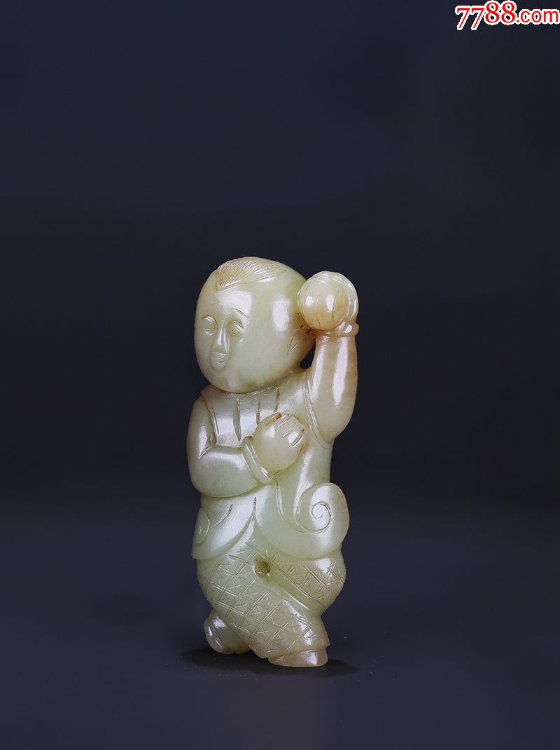 晚清和田玉青白玉圆雕持桃童子人物立像挂件把件古玉老玉收藏古玩