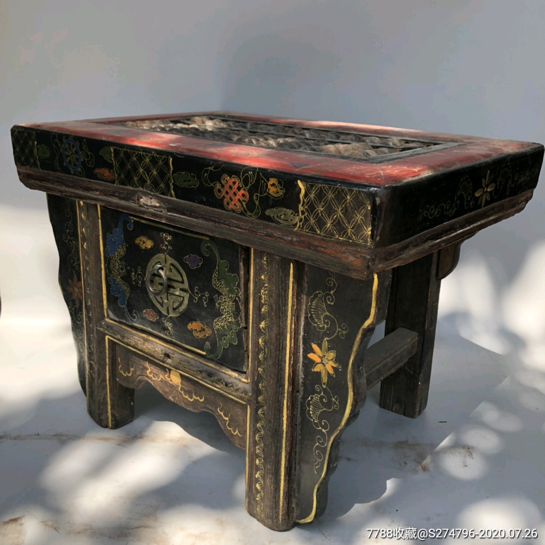 旧藏木胎彩绘漆器福寿图案方桌算盘摆件