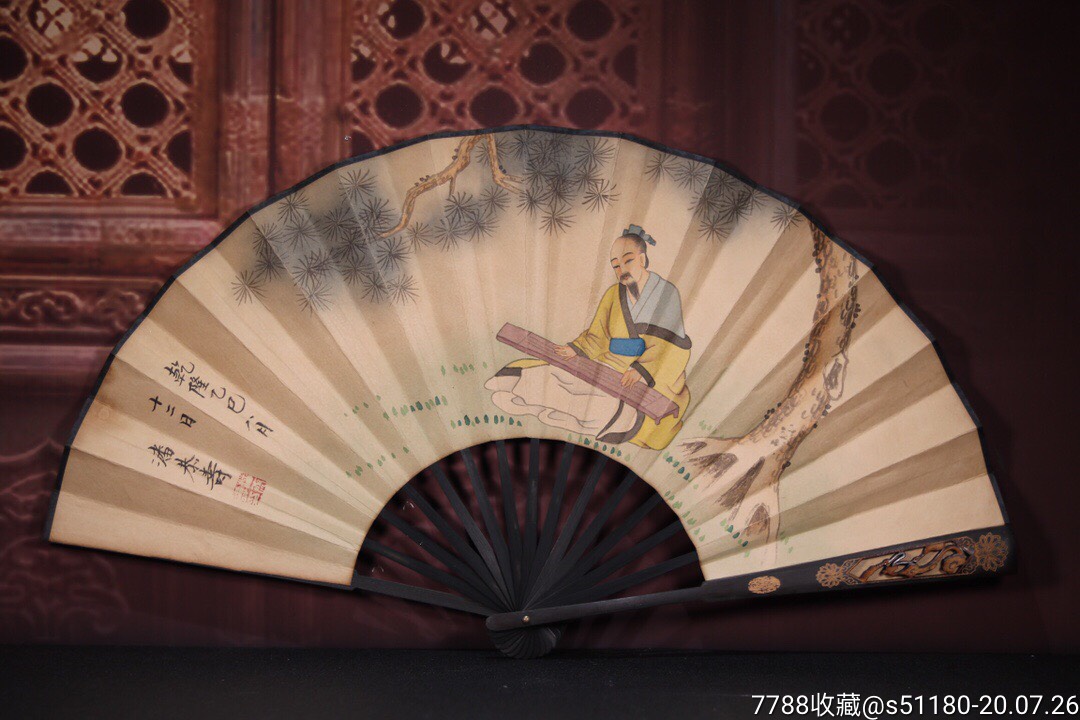 檀木手绘人物纸折扇长33cm宽3.5cm扇面展开59cm