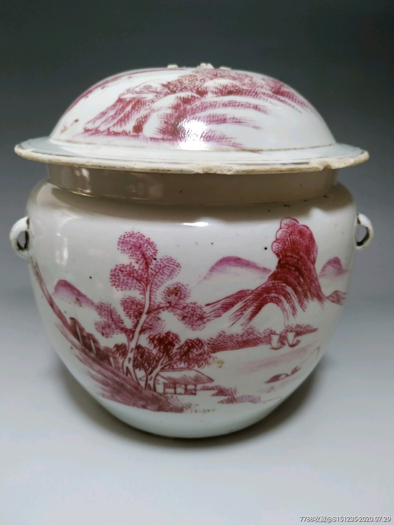 民国胭脂红山水人物纹大粥罐江西珠山新发出品盖子惜残喜欢的朋友不要