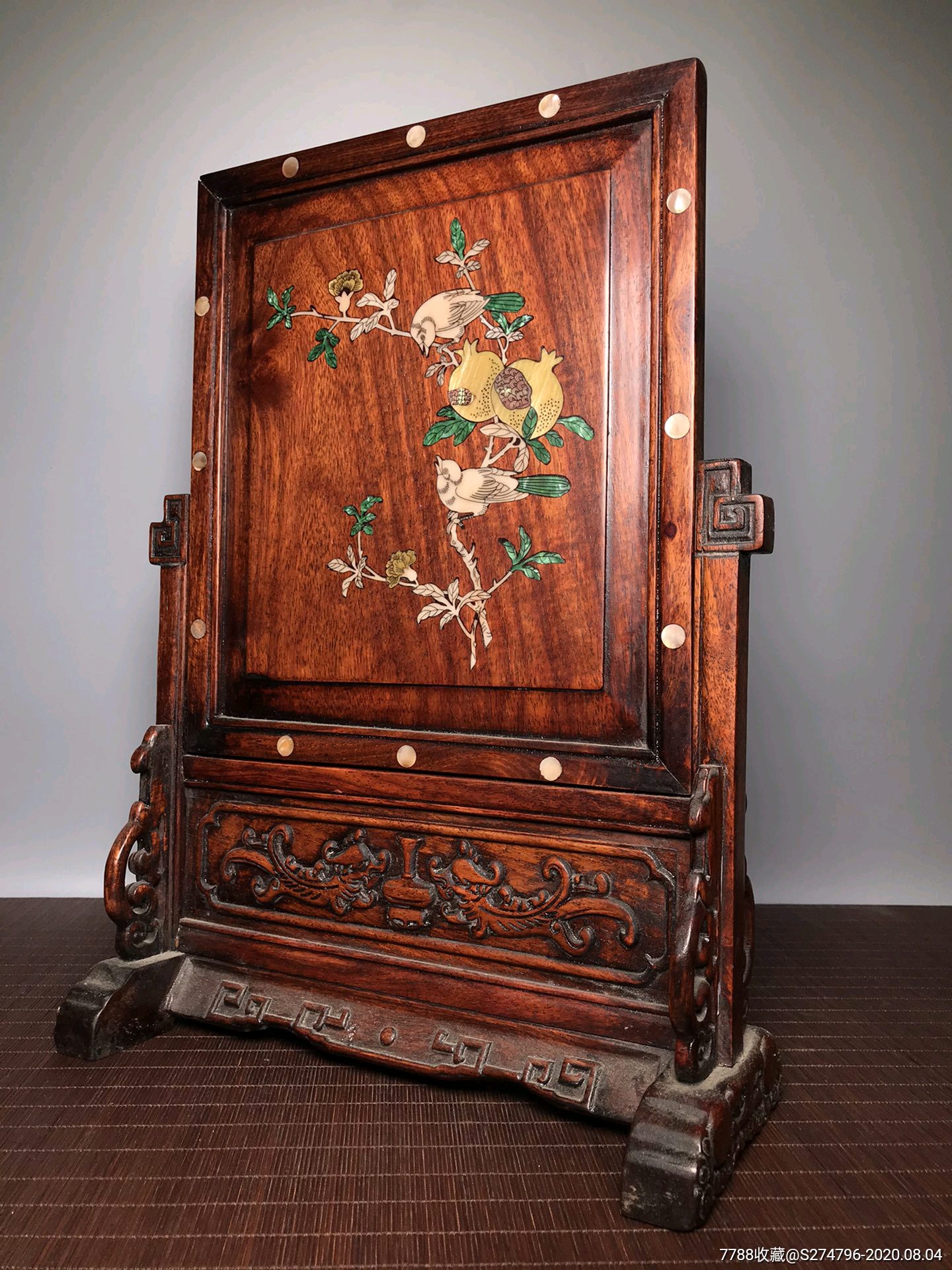 花梨木镶嵌贝壳花鸟图屏风摆件_木屏风_第1张_7788旧家具收藏