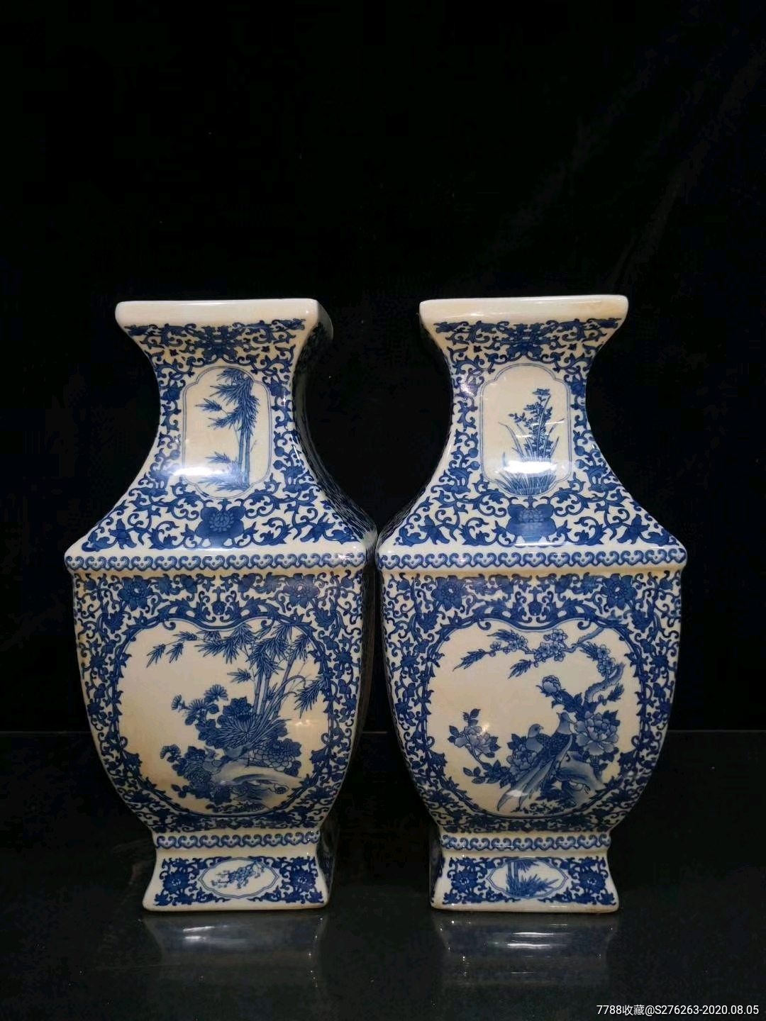 仿,清～青花四方开窗花鸟花瓶一对