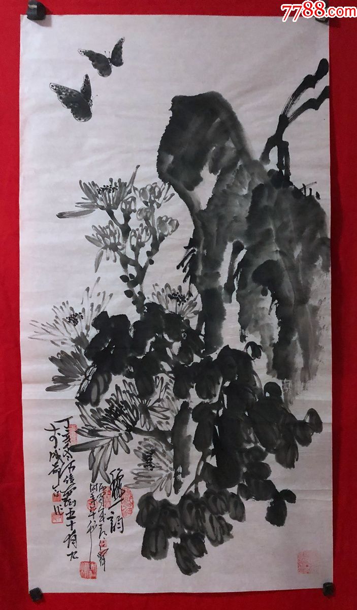 書畫原作8057,著名畫家【周仁輝,何俊德】花鳥畫,菊石圖,三尺全開