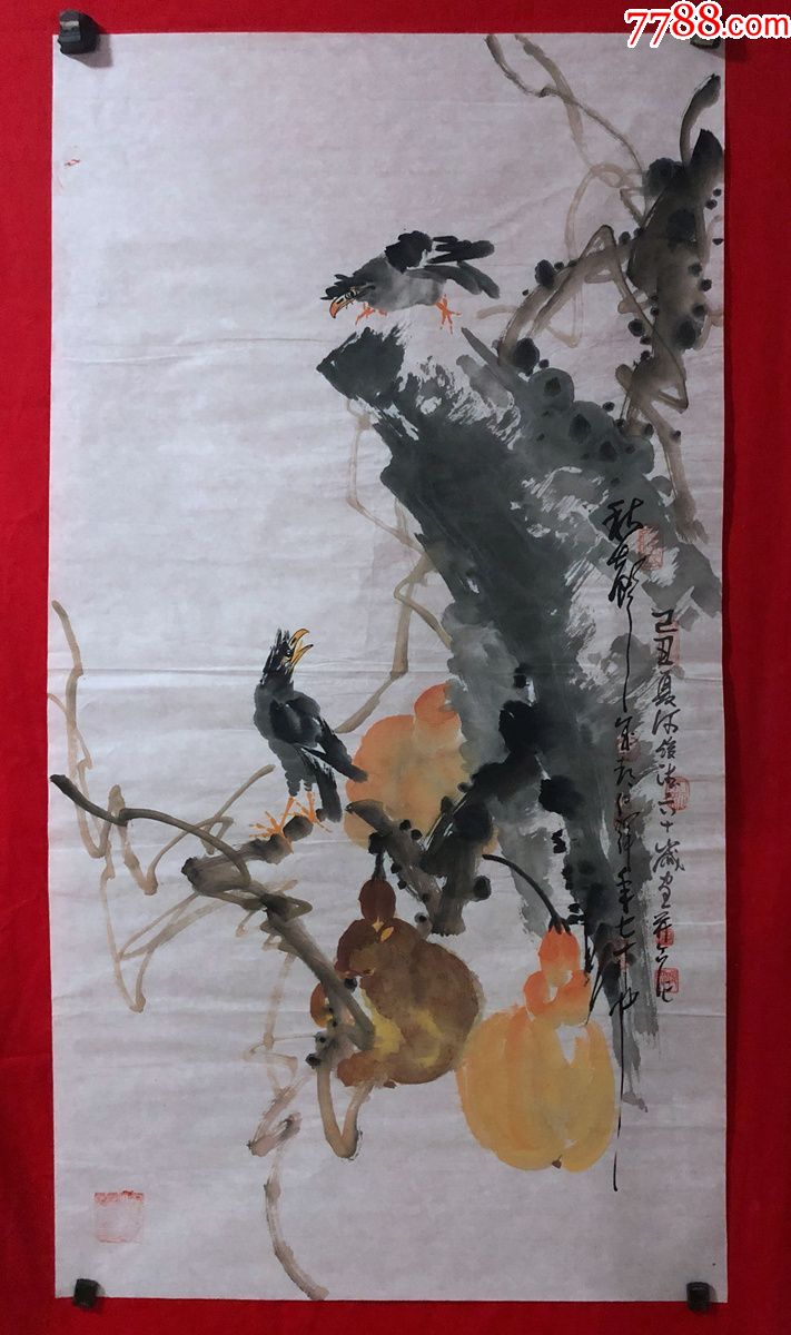 书画原作8060著名画家周仁辉何俊德花鸟画葫芦喜鹊三尺全开