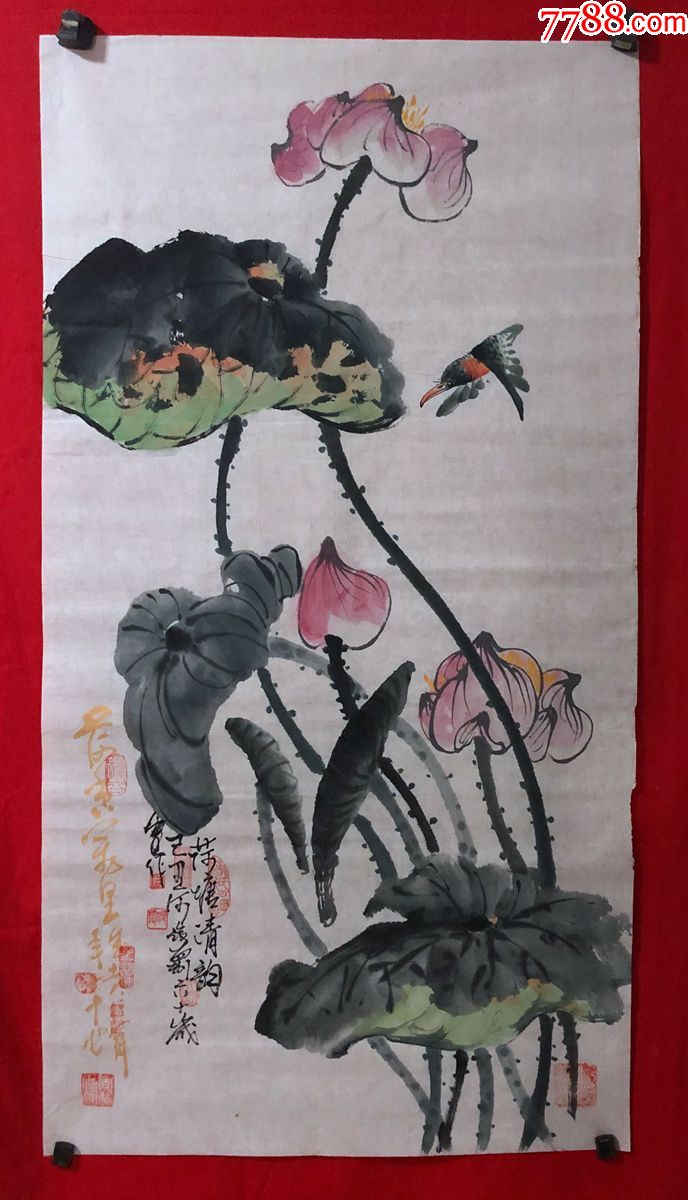 书画原作8066著名画家周仁辉何俊德花鸟画荷塘清韵三尺全开