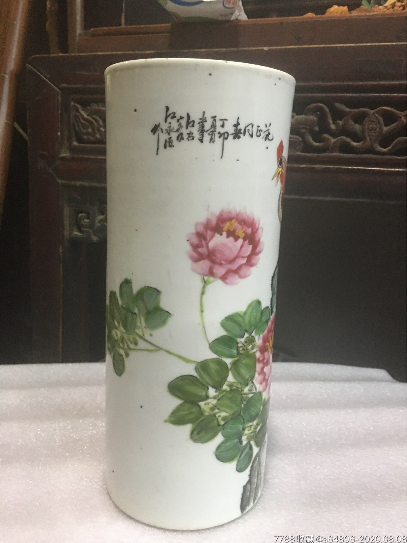清代浅绛名家江永源手绘大公鸡老帽筒