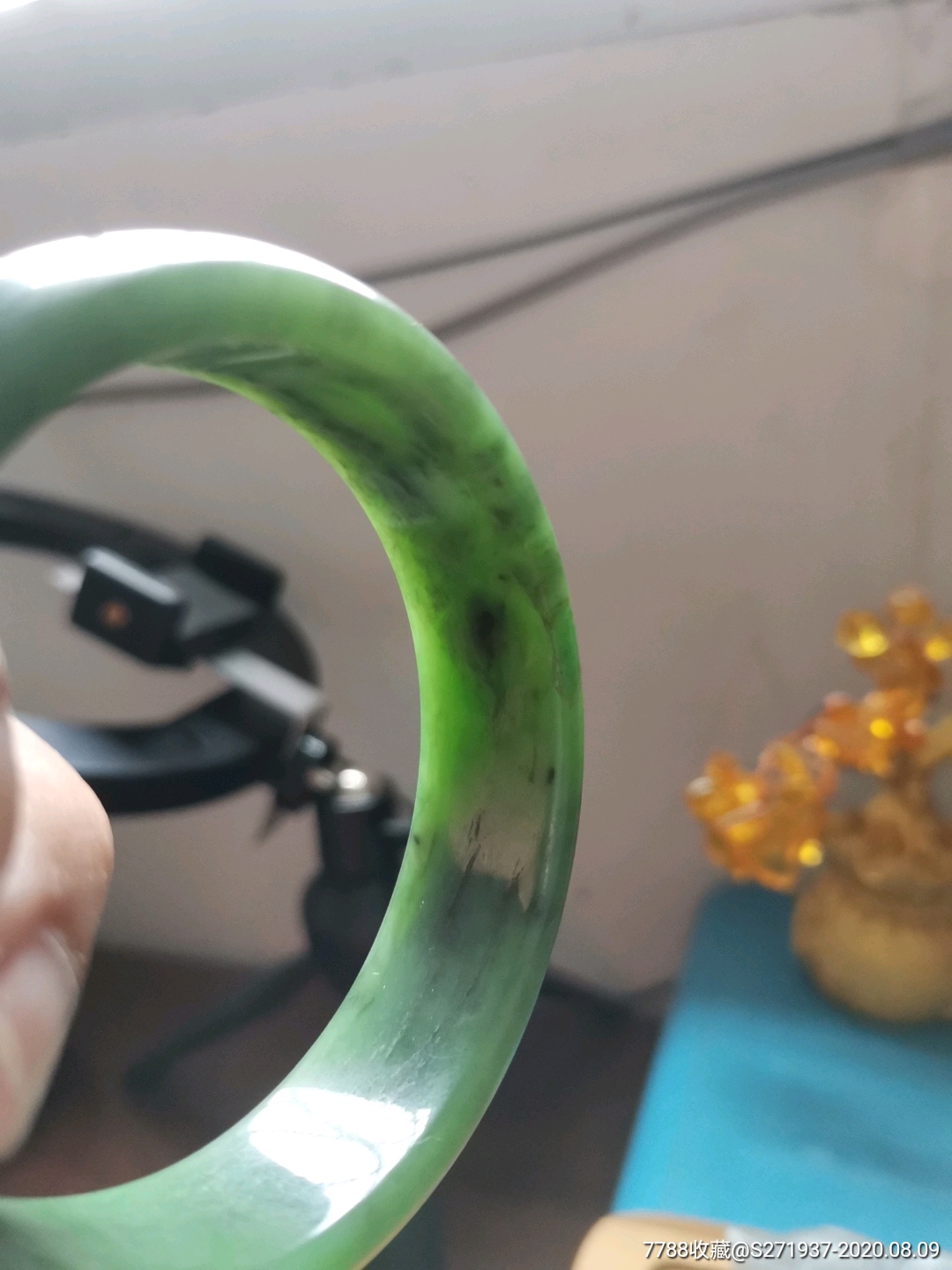 正宗新疆和田玉碧玉满翠色带草花沁手镯内径58.5mm