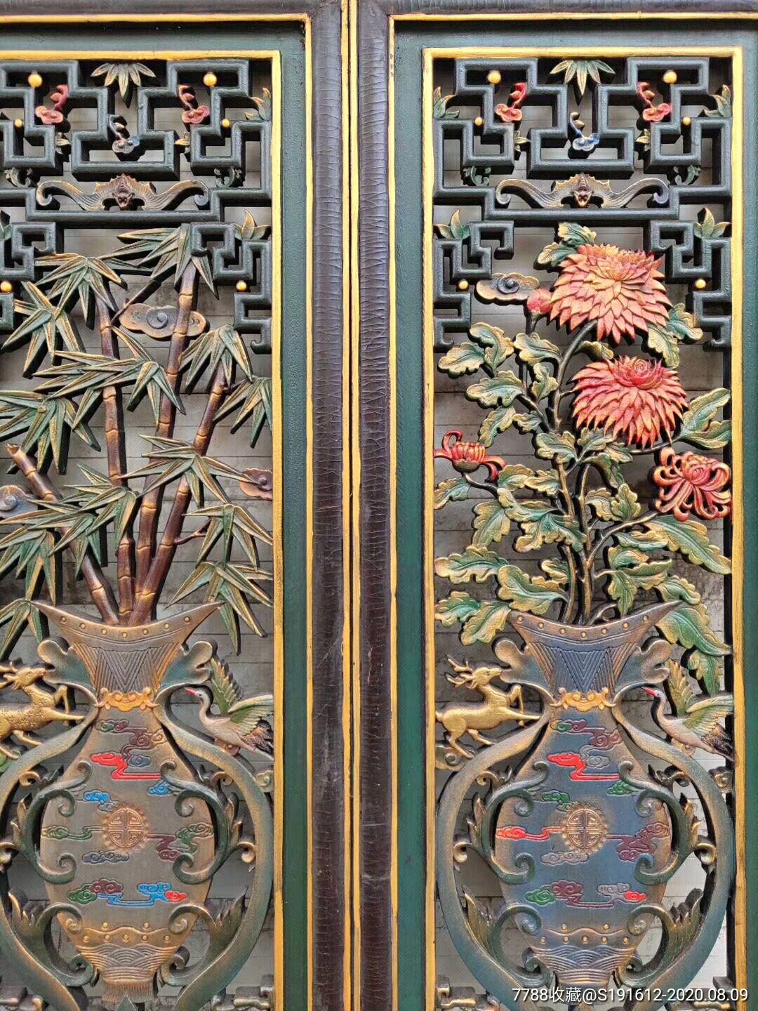 旧藏漆器四条屏老香樟木纯手工雕刻彩绘镂空工艺漆器