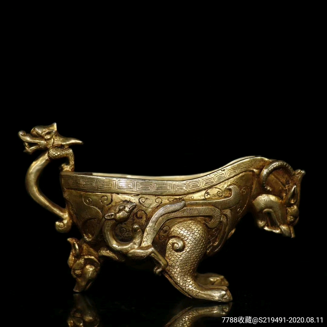早期紫铜鎏金纯手工錾刻饕餮纹饰螭龙樽酒杯摆件-铜皿/盛具-7788收藏