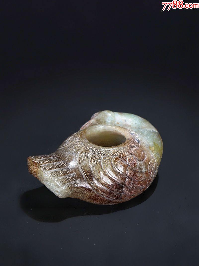 旧藏老和田玉青白玉圆雕阴刻凤鸟水丞水盂文房玉雕摆件古玉老玉