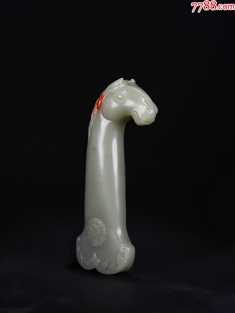 清代和田青白玉痕都斯坦马首刀柄把件玉雕古玉老玉收藏古玩