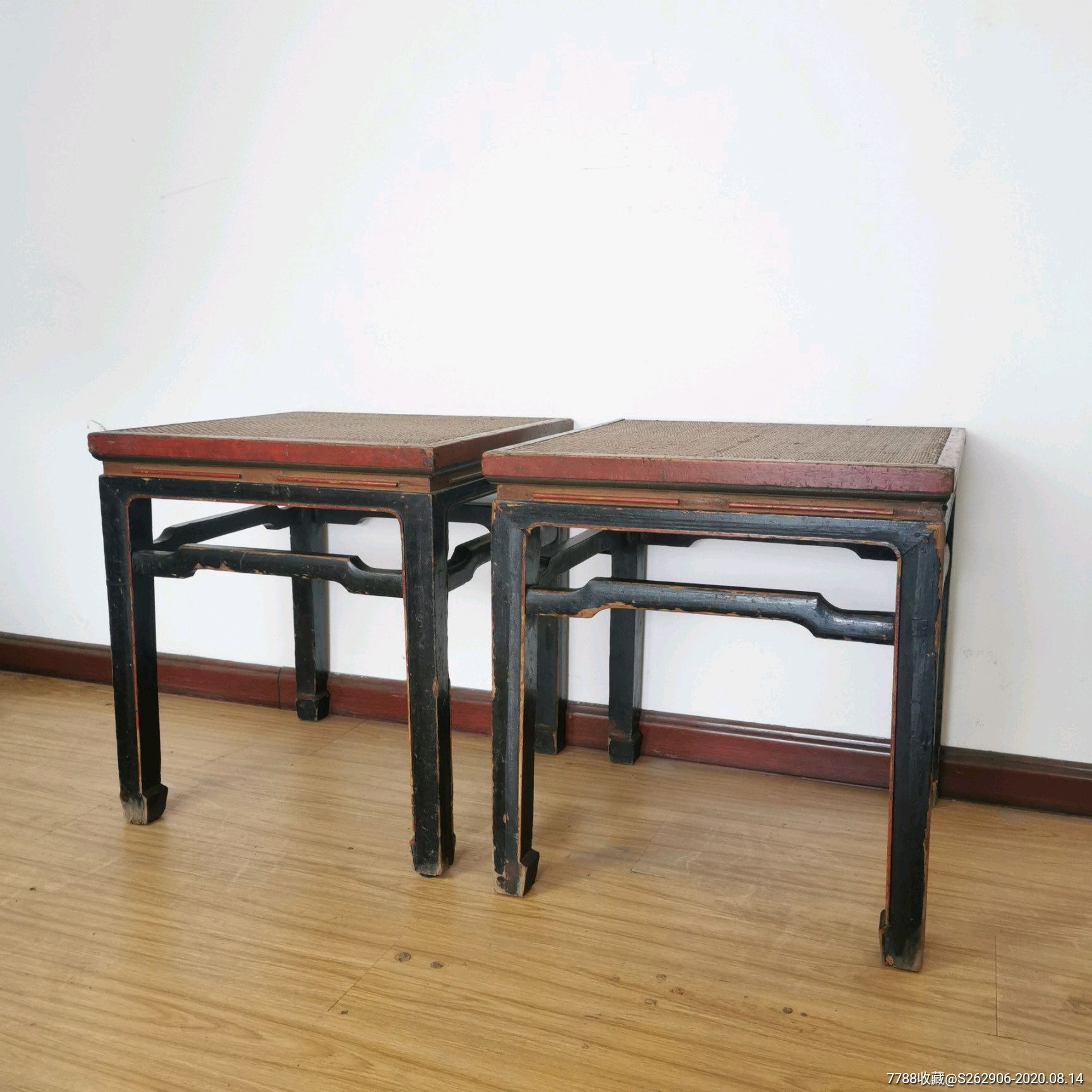 清代红漆藤心方杌凳一对古玩木器家具客厅会所摆件老凳子方凳坐具