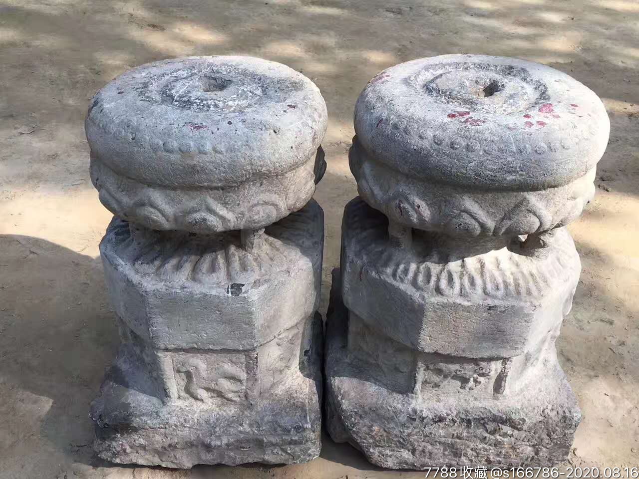 柱础宋代青石造型独特,上下反莲花,莲花瓣下4根顶柱,雕刻「力士_古典