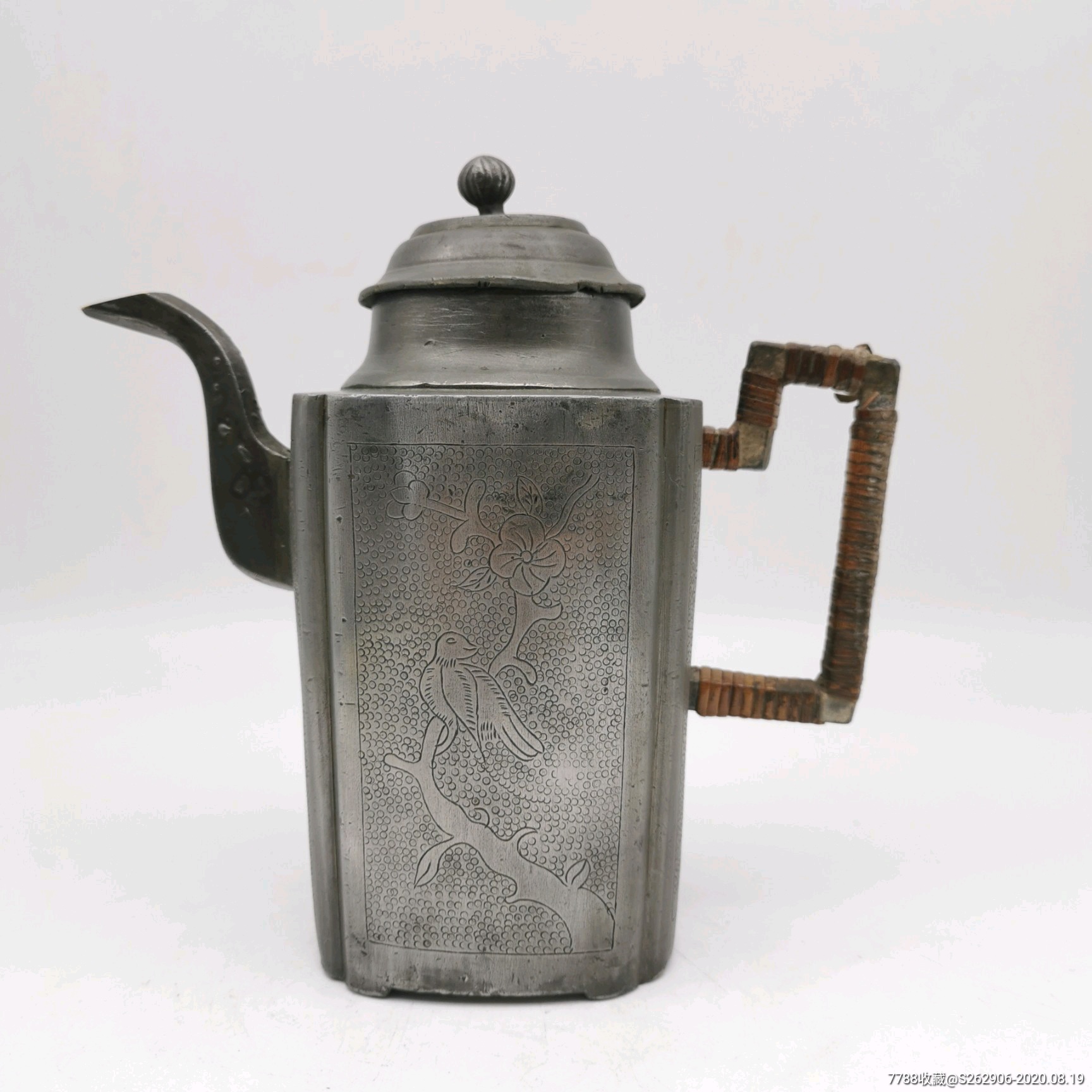 清代白锡茶壶锡酒壶钧光款珍珠底刻花鸟古玩老锡器茶具