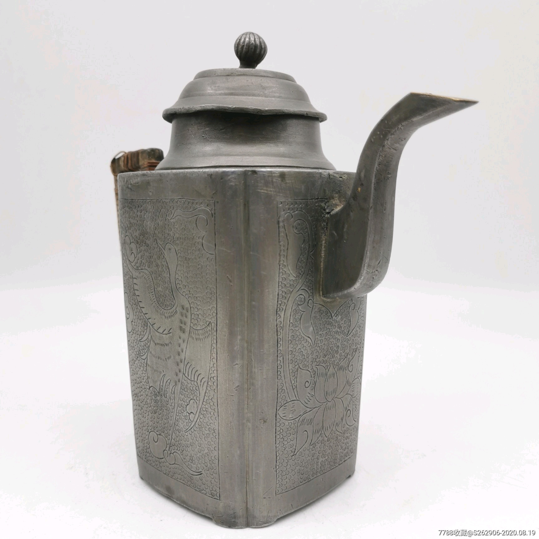 清代白锡茶壶锡酒壶钧光款珍珠底刻花鸟古玩老锡器茶具