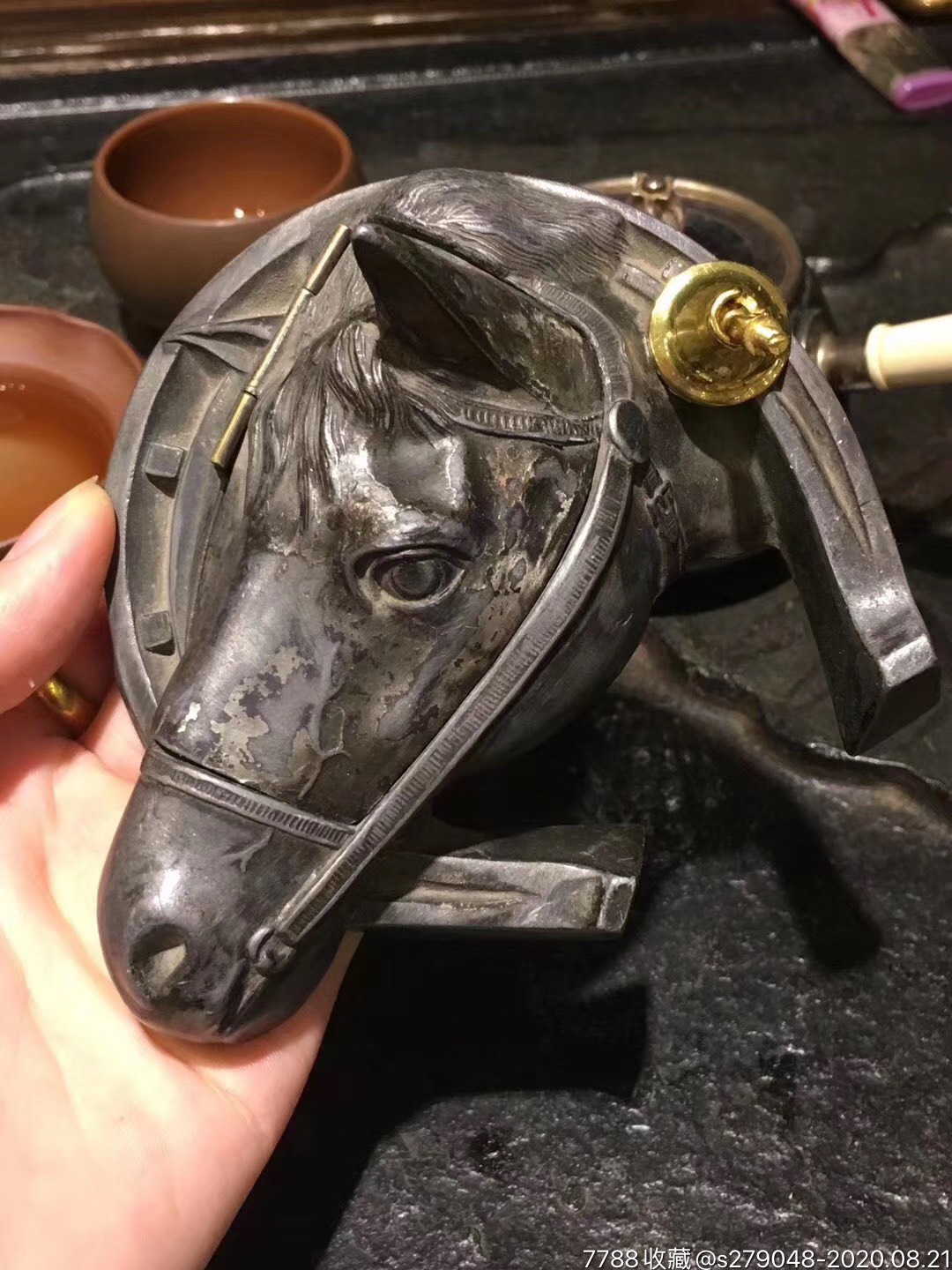 前苏联锡合金浮雕马头文房蘸水墨盒-铜杂件-7788铜器收藏