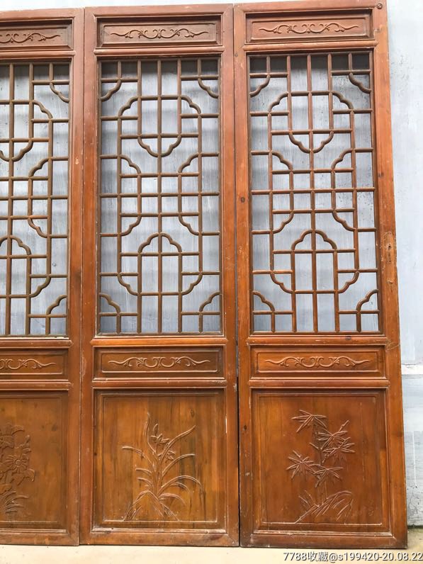 民国榉木双面工大尺寸隔扇四片一套保存完整上面海棠花做工精致圆滑